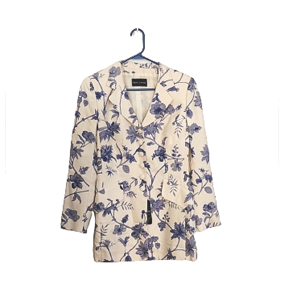 NWT Rena Lange Ivory Blue Floral Longline Blazer Size 10